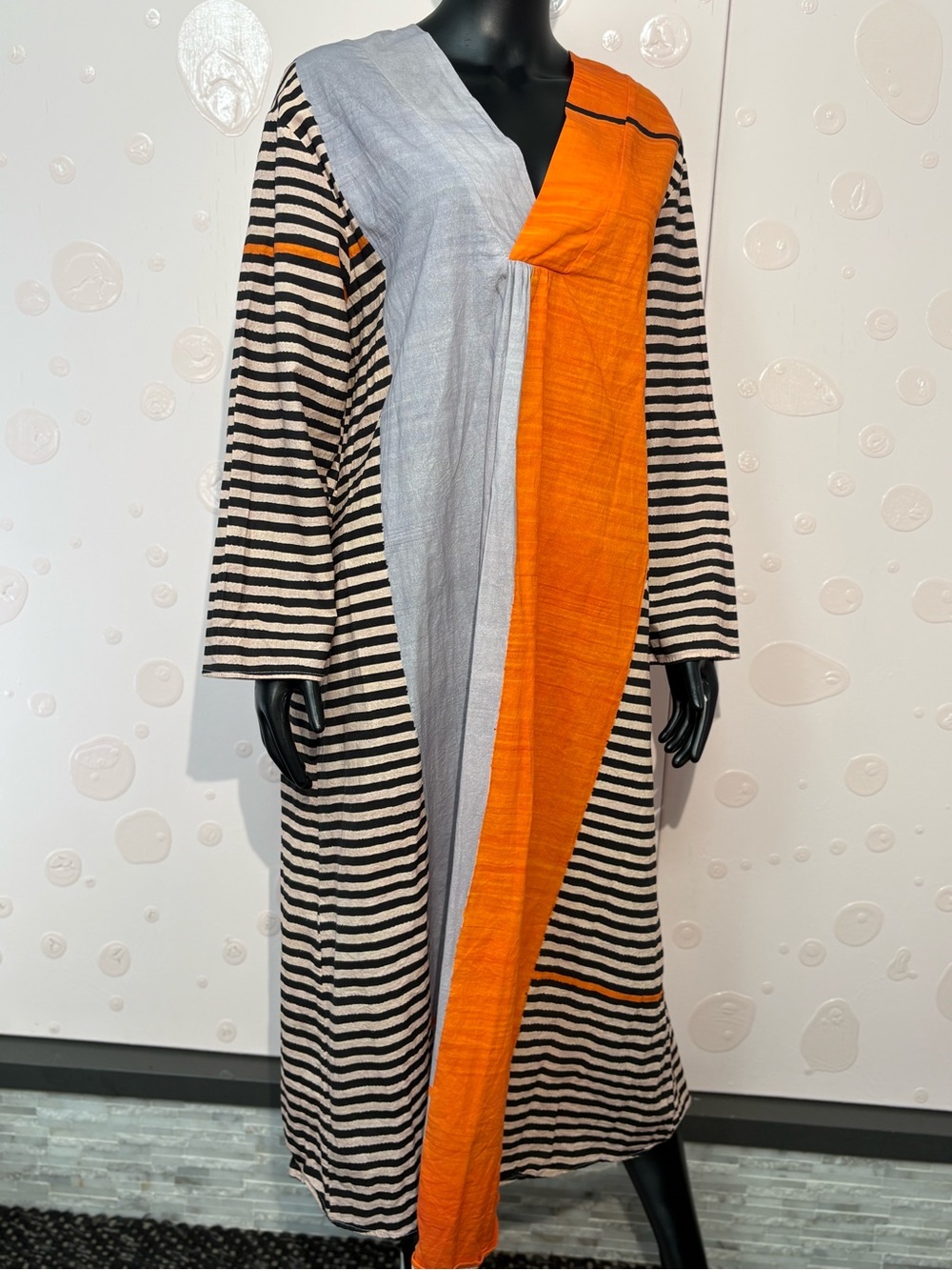 Boho Colorblock Striped Long Sleeve Midi Dress V-Neck - Multicolor - Size L